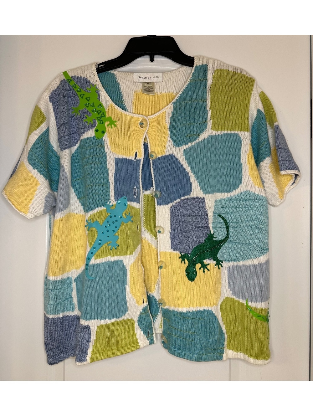Susan Bristol XL Hand Embroidered Colorful Patchwork Knit Cardigan Gecko Lizard